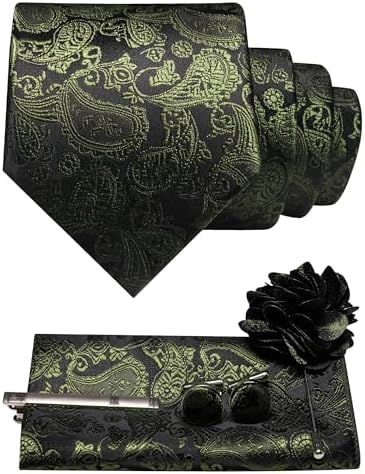 Paisley-Set in Schwarz mit olivgrünem Muster, bestehend aus Krawatte, Einstecktuch, Manschettenknöpfen, Krawattenklammer und Blumenbrosche. 24