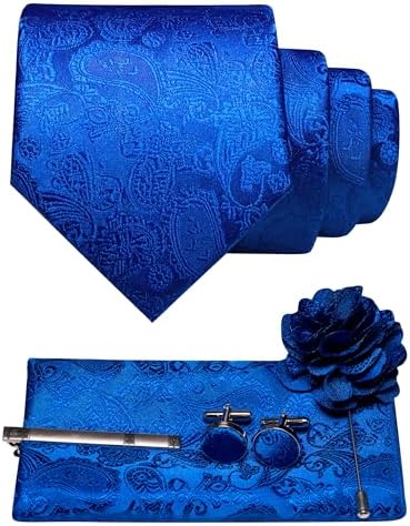 Königsblaues Paisley-Set: Krawatte, Einstecktuch, Manschettenknöpfe, Krawattenklammer und Blumen-Reversnadel komplett arrangiert. 10