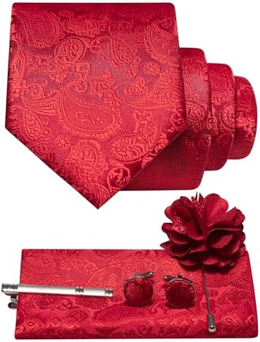 Leuchtend rotes Paisley-Set: Krawatte, Einstecktuch, Manschettenknöpfe, Krawattenklammer und Reversnadel mit Stoffblume. 13