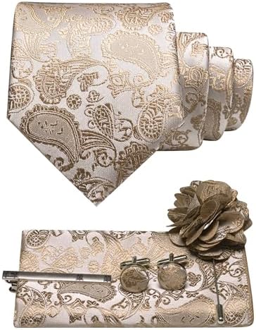 Set in Champagner und Beige mit Paisleymuster: Krawatte, Einstecktuch, Manschettenknöpfe, Krawattenklammer und Blumenbrosche. 20