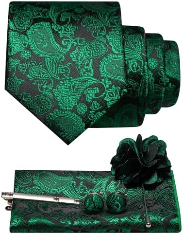 Grün-schwarzes Paisley-Set: Krawatte, Einstecktuch, Manschettenknöpfe, Krawattenklammer und dunkle Blumenbrosche. 18