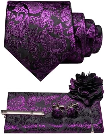 Paisley-Set in leuchtendem Violett auf schwarzem Grund mit Krawatte, Einstecktuch, Manschettenknöpfen, Krawattenklammer und Blumenbrosche. 28