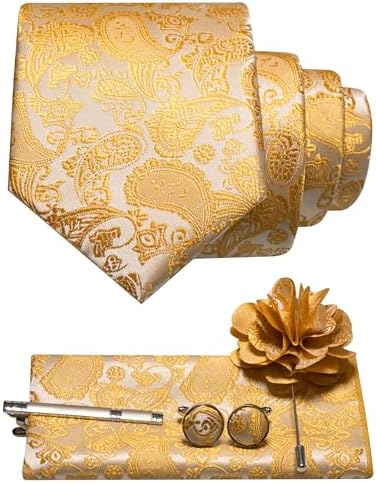 Set in Hellgold mit Paisleymuster: Krawatte, Einstecktuch, Manschettenknöpfe, Krawattenklammer und Blumenbrosche im Überblick. 16