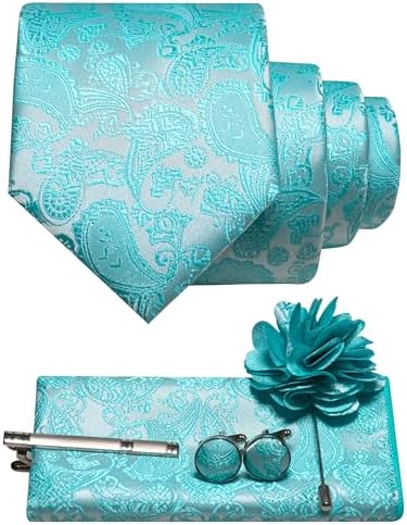 Paisley-Set in Aquamarin mit gerollter Krawatte, Einstecktuch, Manschettenknöpfen, Krawattenklammer und Blumenbrosche, flach arrangiert. 34