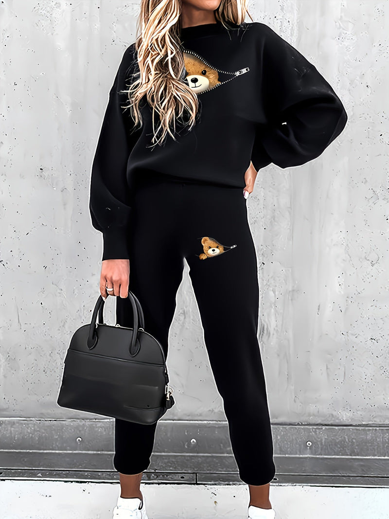 Casual Two-Piece Outfit with Cute Bear Print - Mila