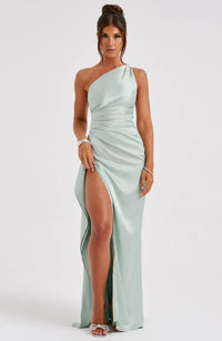 Satin stripe evening dress with one shoulder strap - Vivienne