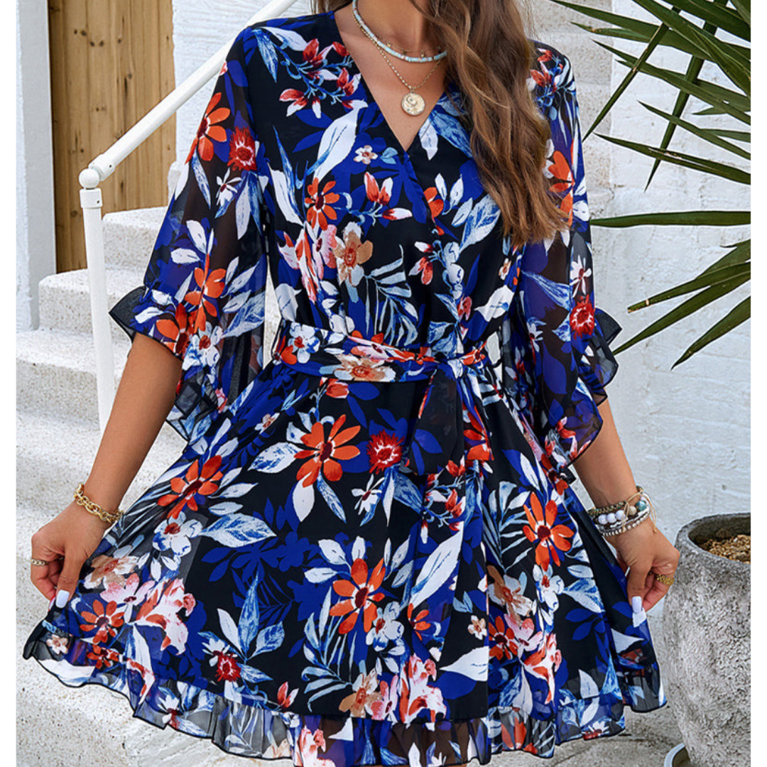 Playful mini dress with floral pattern & bell sleeves – Liora