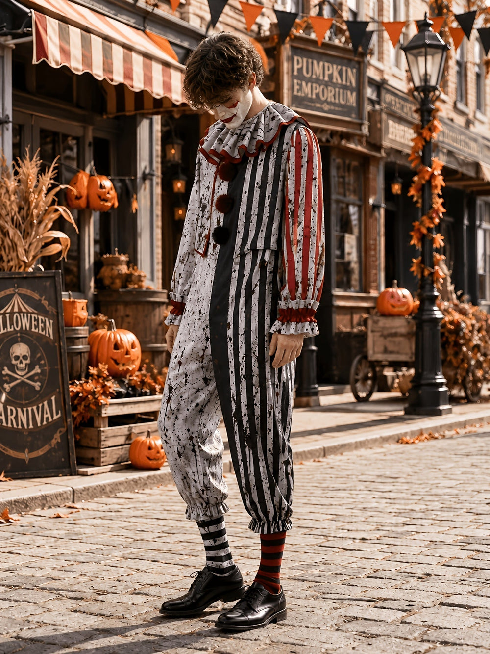 Seitenansicht des Clown-Overalls am Model, mit rot-schwarz gestreiften Ärmeln, Rüschenmanschetten und gerafften Beinabschlüssen, dazu gestreifte Kniestrümpfe un 2