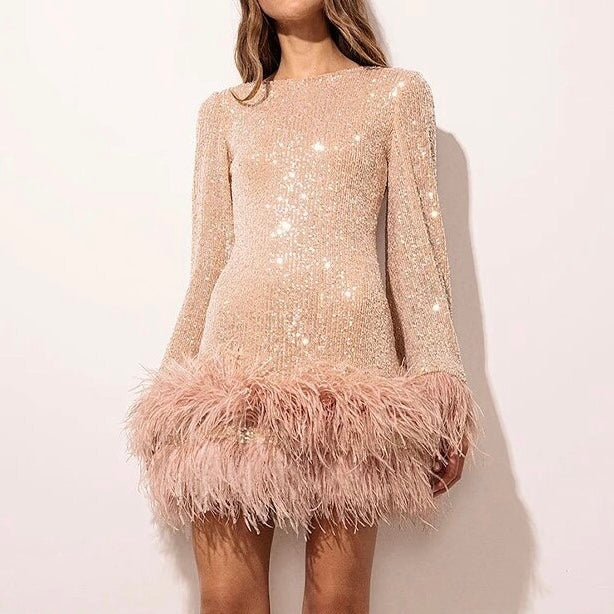 Sequin Dress with Feather Details - Ayla