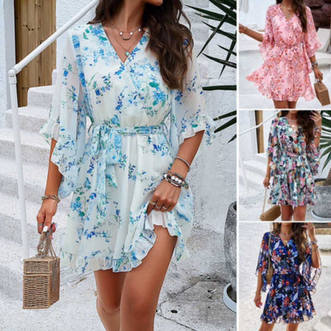 Playful mini dress with floral pattern & bell sleeves – Liora