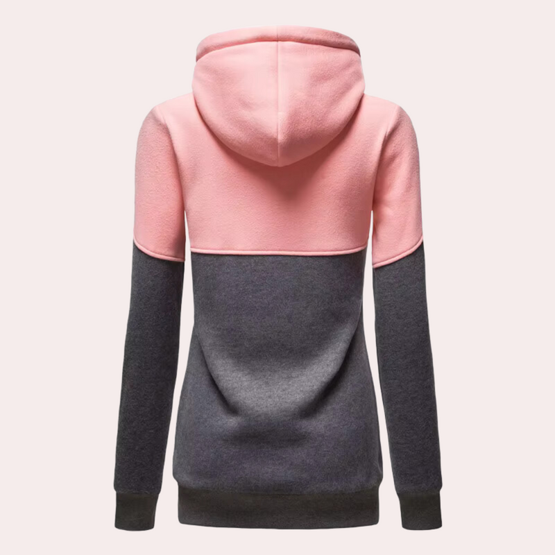 Rosa-grauer Damen-Hoodie, zweifarbig, Kapuze, langärmelig, Baumwolle, modisch, bequem.