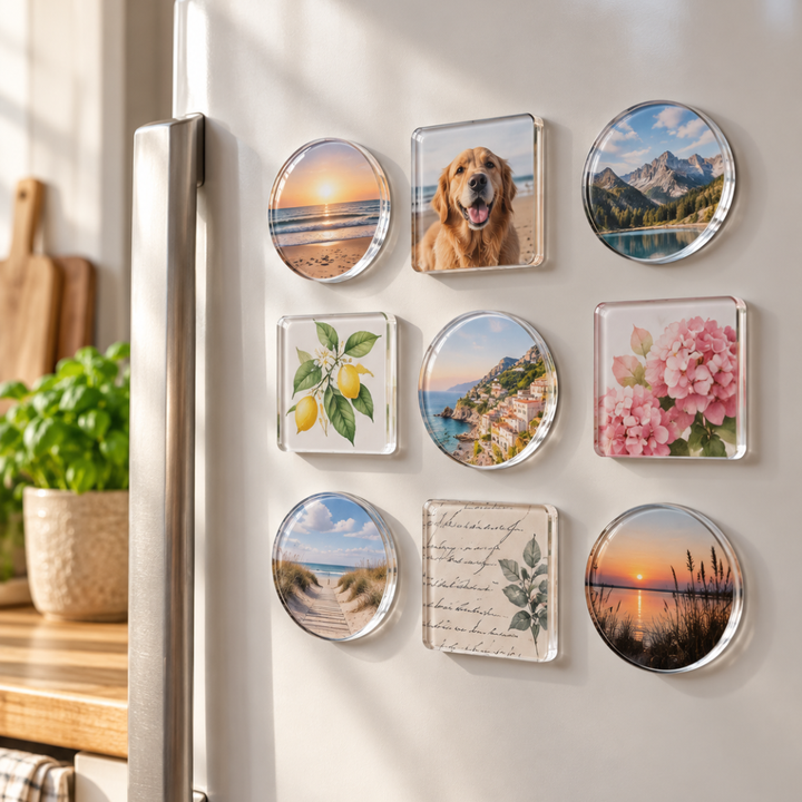 Neun runde und eckige Acrylmagnete mit Fotos und Motiven an einer Kühlschranktür 2
