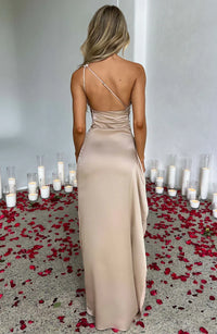 Satin stripe evening dress with one shoulder strap - Vivienne