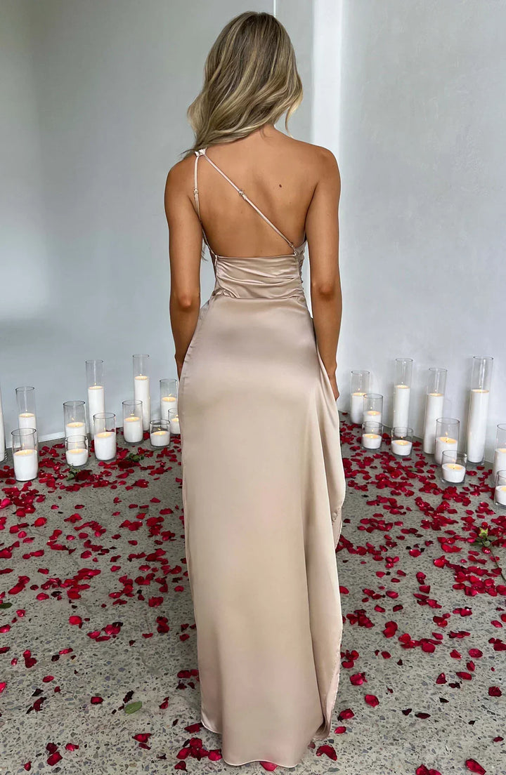 Satin stripe evening dress with one shoulder strap - Vivienne