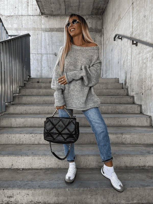 Loose knitted women's sweater with off-shoulder design – Amira