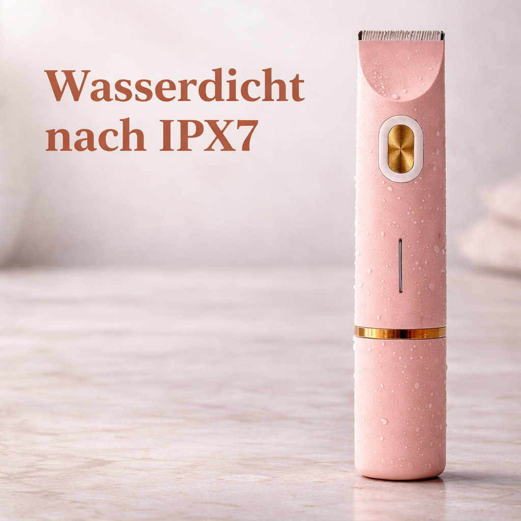 Rosa Trimmer mit Wassertropfen auf der Oberfläche steht auf Marmor und zeigt die Wasserdichtigkeit. 11