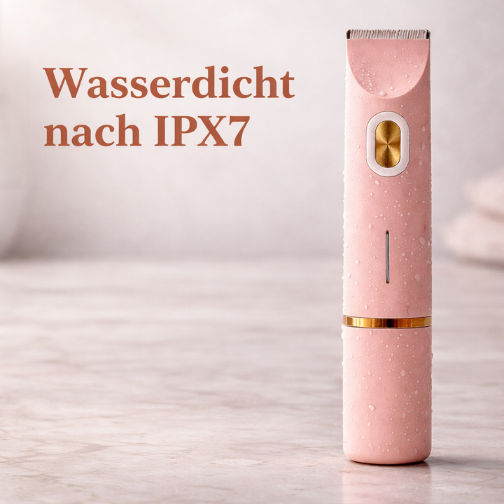 Rosa Trimmer mit Wassertropfen auf der Oberfläche steht auf Marmor und zeigt die Wasserdichtigkeit. 11