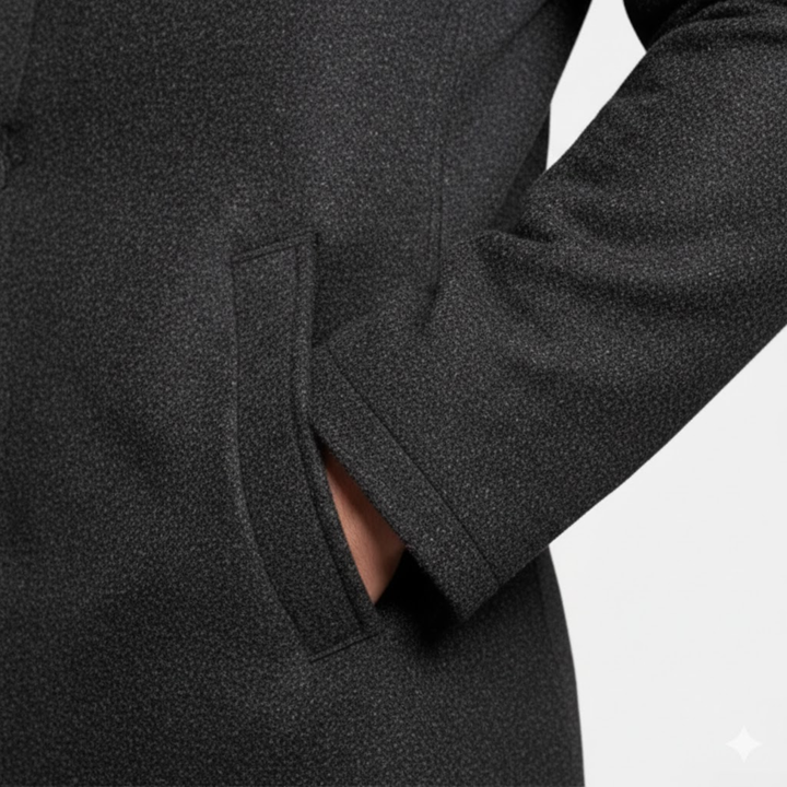 Detailaufnahme der Seitentasche des dunkelgrauen Mantels mit hineingestecktem Arm und strukturiertem Stoff 8