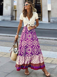 Printed Boho Maxi Skirt with Flowing Cut & Fringes – Yalina