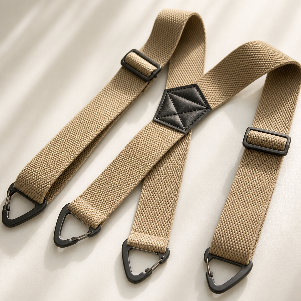 Beige X-Hosenträger flach ausgebreitet, mit schwarzen Kunststoff-Dreieckklammern, Schiebern und schwarzem Mittelstück in Nahansicht. 5