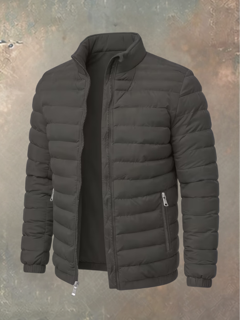 Dunkelgraue Steppjacke mit Stehkragen, offenem Reißverschluss und Zip-Taschen in der Frontansicht 5