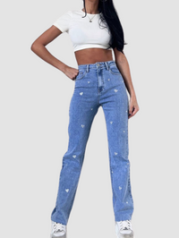 Dame stretchjeans med vide ben og hjerteprint - Amelie