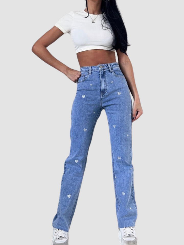 Dame stretchjeans med vide ben og hjerteprint - Amelie