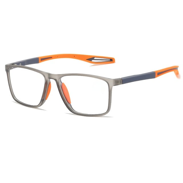 Freigestellte Brille mit transparent grauem Rahmen, blaugrauen Bügelansätzen, orangefarbenen Bügelenden und orangefarbenen Nasenpads auf weißem Grund. 12