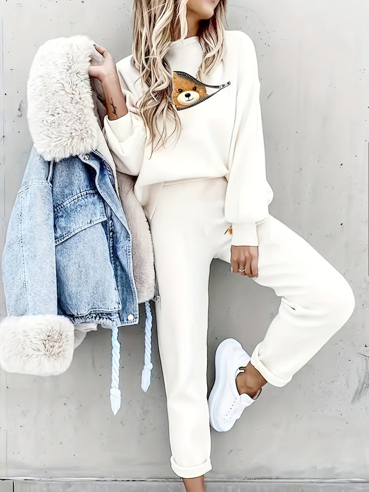 Casual Two-Piece Outfit with Cute Bear Print - Mila