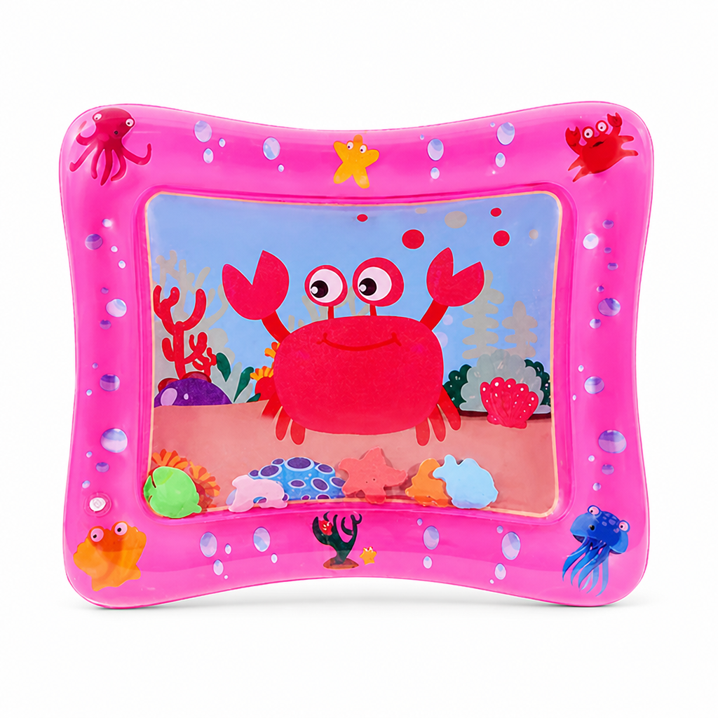 Pinke rechteckige Wassermatte mit großem roten Krebs in der Mitte, Meerestieren am Rand und bunten Schwimmfiguren am unteren Innenrand. 9