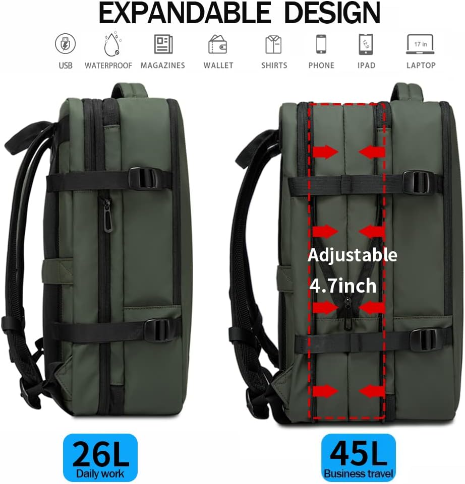 Udvidelig 26–45L vandtæt rejserygsæk med laptoprum og duffel-mulighed