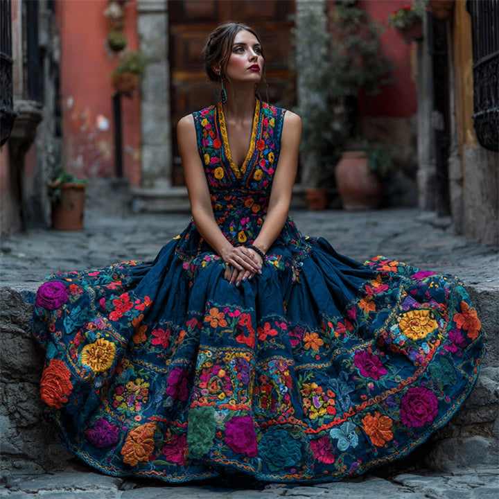 Dieselbe Frau trägt das ärmellose Kleid in dunklem Blau mit farbenfroher Blumenstickerei, sitzend auf einer Steinstufe in einer Gasse. 2