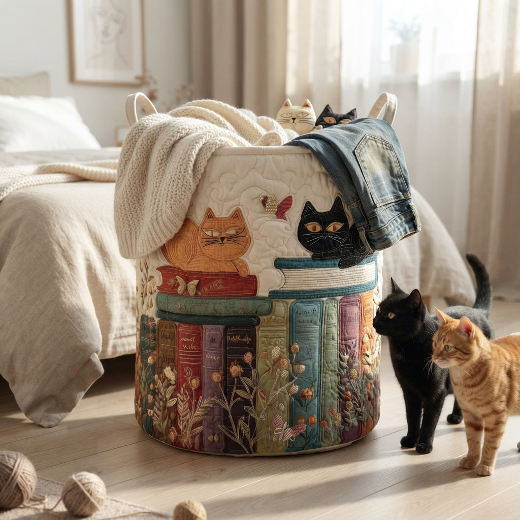 Der Korb im Schlafzimmer mit Strickdecke und Jeans über dem Rand, davor stehen eine echte schwarze und eine orange getigerte Katze. 5
