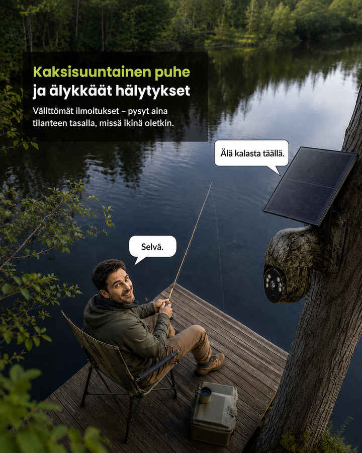 Mann sitzt angelnd auf einem Steg am See, die Kamera am Baum spricht ihn per Zwei-Wege-Audio an. 5