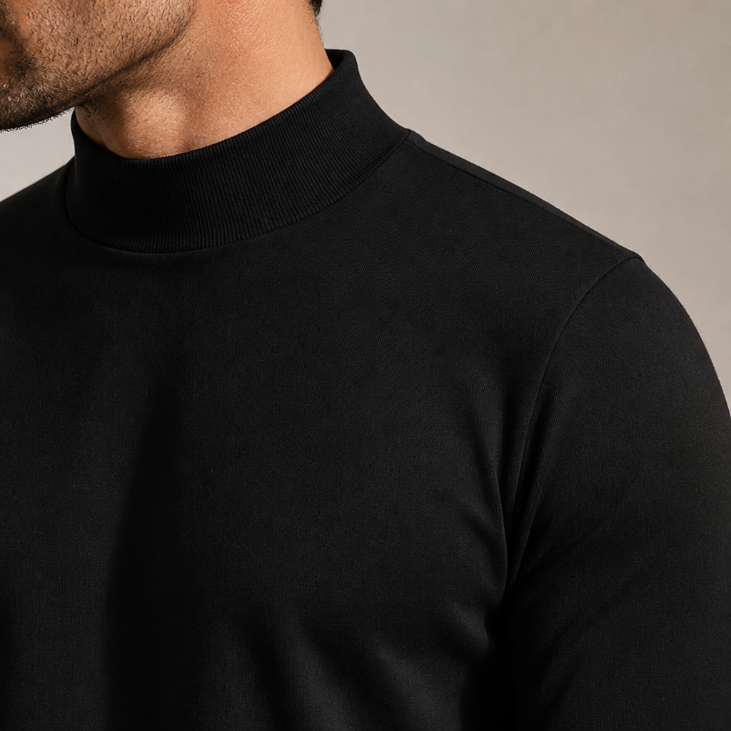 Nahaufnahme von Kragen und Schulter des schwarzen Shirts am Model, die gerippte Struktur des hohen Kragens ist zu sehen. 6