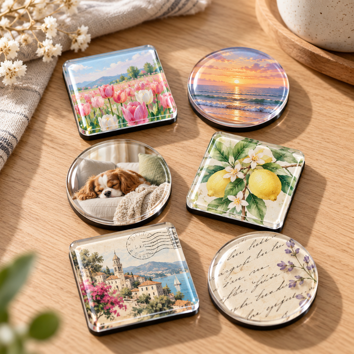 Sechs runde und quadratische Acrylmagnete mit Blumen-, Hunde-, Meer- und Zitronenmotiven auf einem Holztisch 4