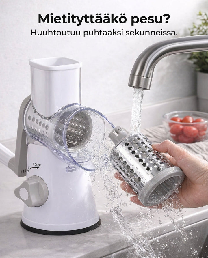 Hand hält eine Edelstahltrommel unter laufendem Wasserhahn, im Hintergrund das Gerät mit transparentem Trommelgehäuse und Schale mit Tomaten. 7