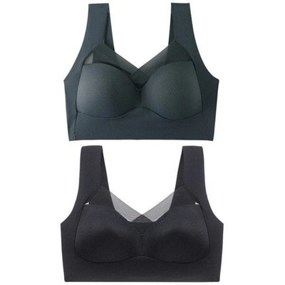 Zwei nahtlose BHs im Set, oben in dunklem Graublau, unten in Schwarz, mit Netzeinsatz im Ausschnitt, freigestellt. 8