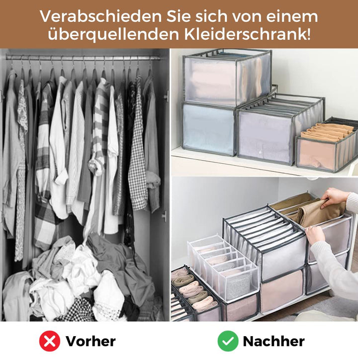 Vorher-nachher-Bild: links ein überfüllter Kleiderschrank mit Kleiderhaufen, rechts gestapelte graue Organizer-Boxen mit sortierter Kleidung auf einem Regal und 3