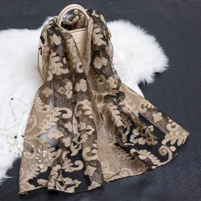 Bufanda de seda para mujer a la moda con estampado de flores y diseño con recortes – Fiora (1+1 GRATIS)