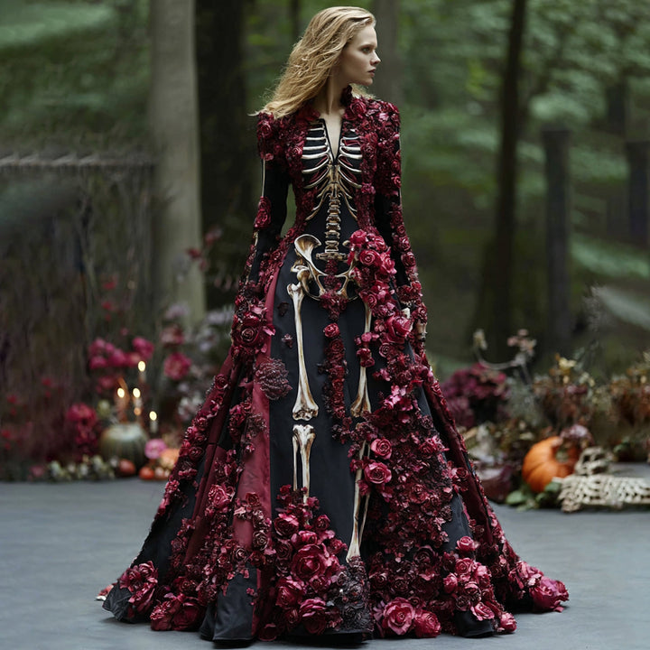 Langärmliges Maxikleid mit Skelettdruck, dunkelrote und burgunderfarbene Rosen am Oberteil und Rock, getragen im Wald. 5
