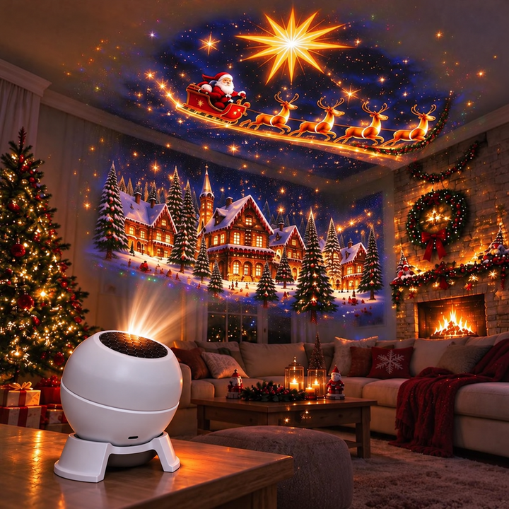 Projektor im Vordergrund erzeugt an Decke und Wand ein Winterdorf mit Weihnachtsmann-Schlitten, Stern und Rentieren im 5
