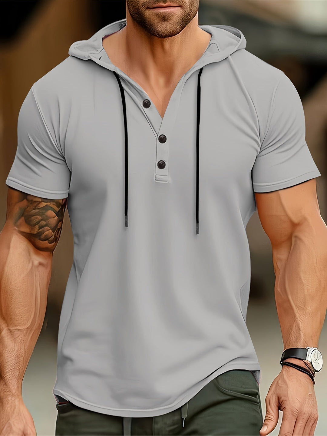 Herren T-Shirt mit Kapuze und Knopfverschluss – Mason