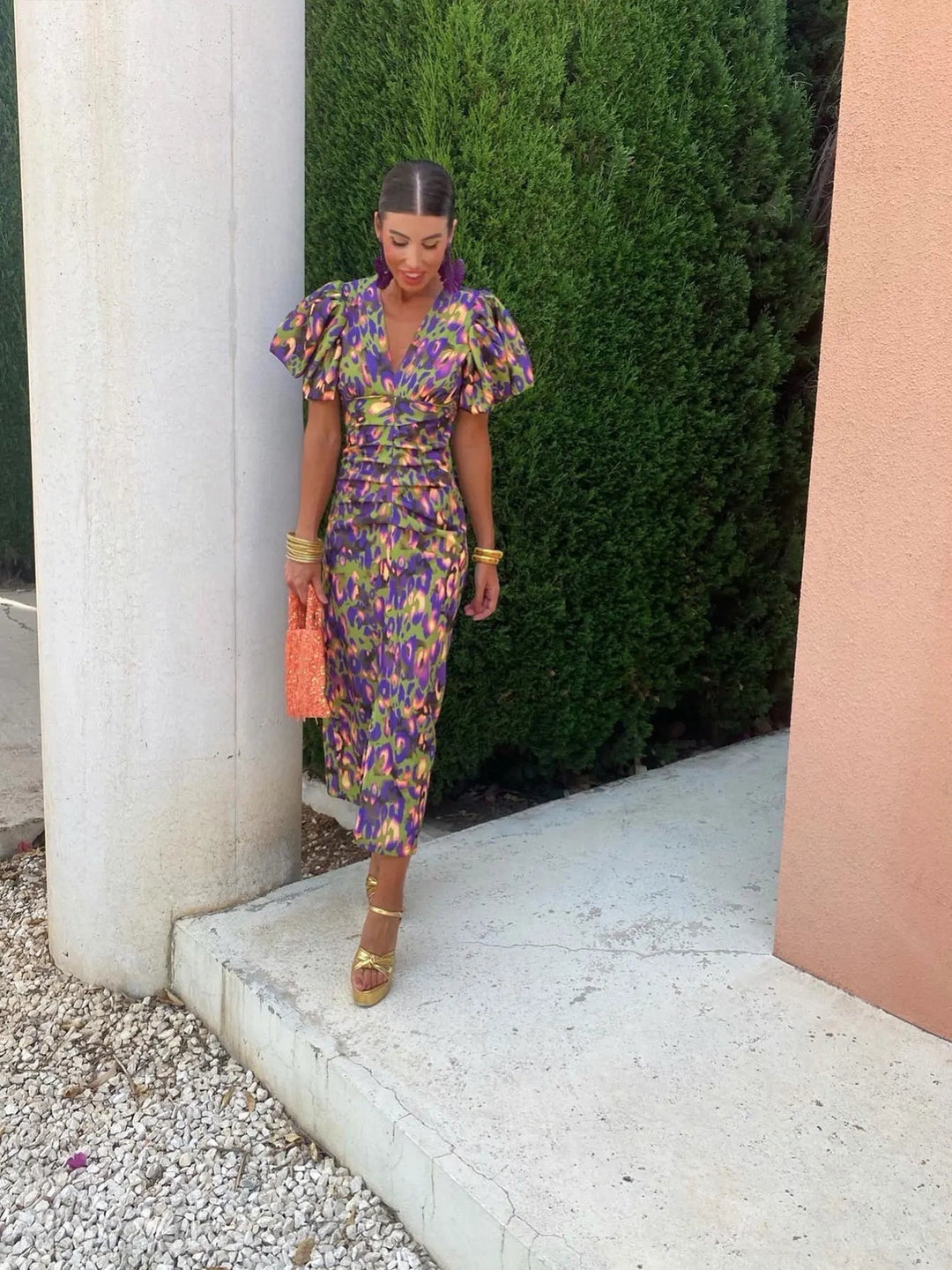 Colorful women's dress with pleated sleeves & comfortable cut – Noelia