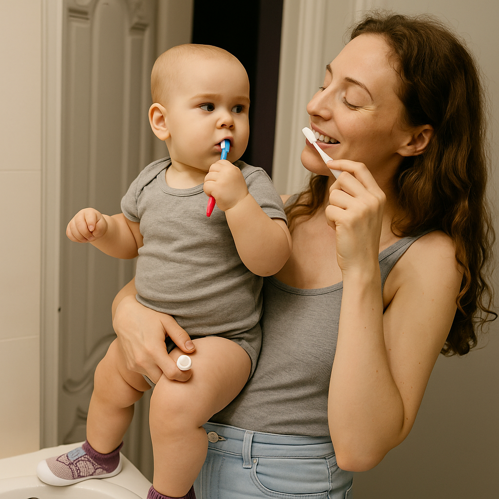 Mutter und Baby putzen gemeinsam Zähne im Bad, das Baby trägt Strickschuhe in Lila- und Rosatönen. 4