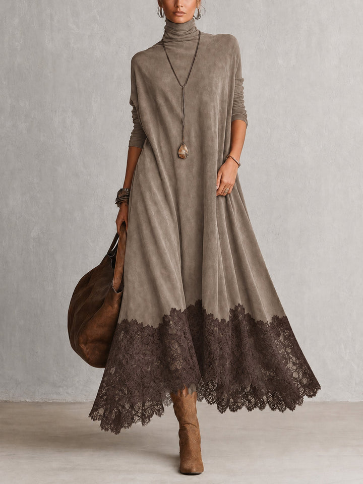 Taupefarbenes Kleid mit dunkelbraunem Spitzensaum, getragen mit Lederhandtasche und Stiefeln 8