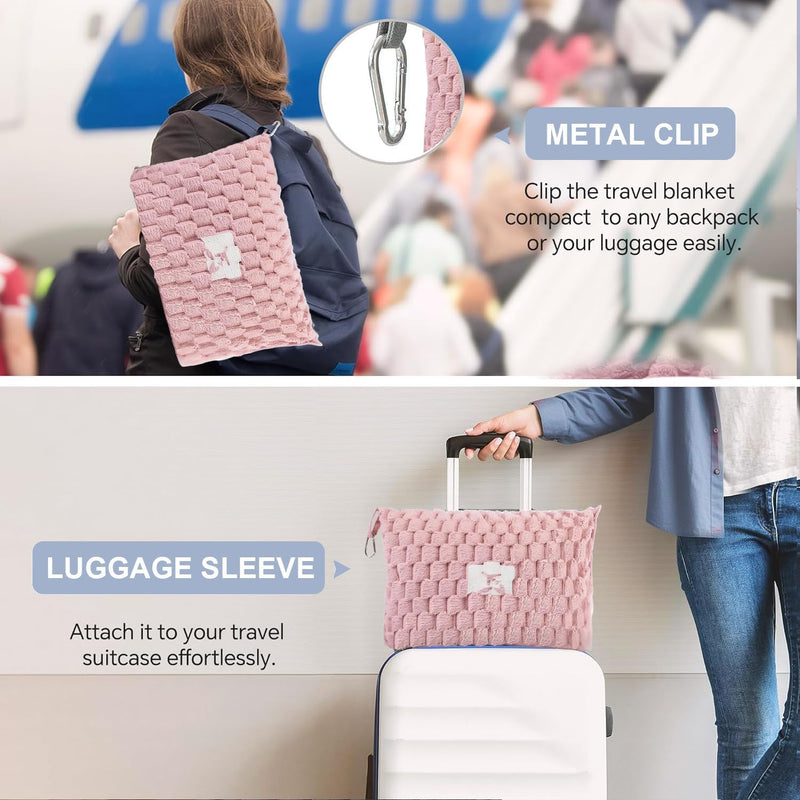 Packable Flanell-Reise-Decke mit Kissentasche und Gepäckschlitz – Trevora
