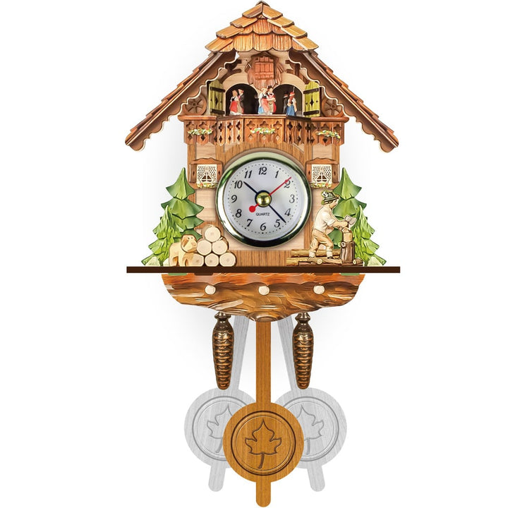 Wanduhr im Chalet-Stil mit Tanzpaaren auf dem Balkon, Holzfäller, Holzstapel mit Hund, grünen Tannen und Pendel mit Ahornblatt. 4