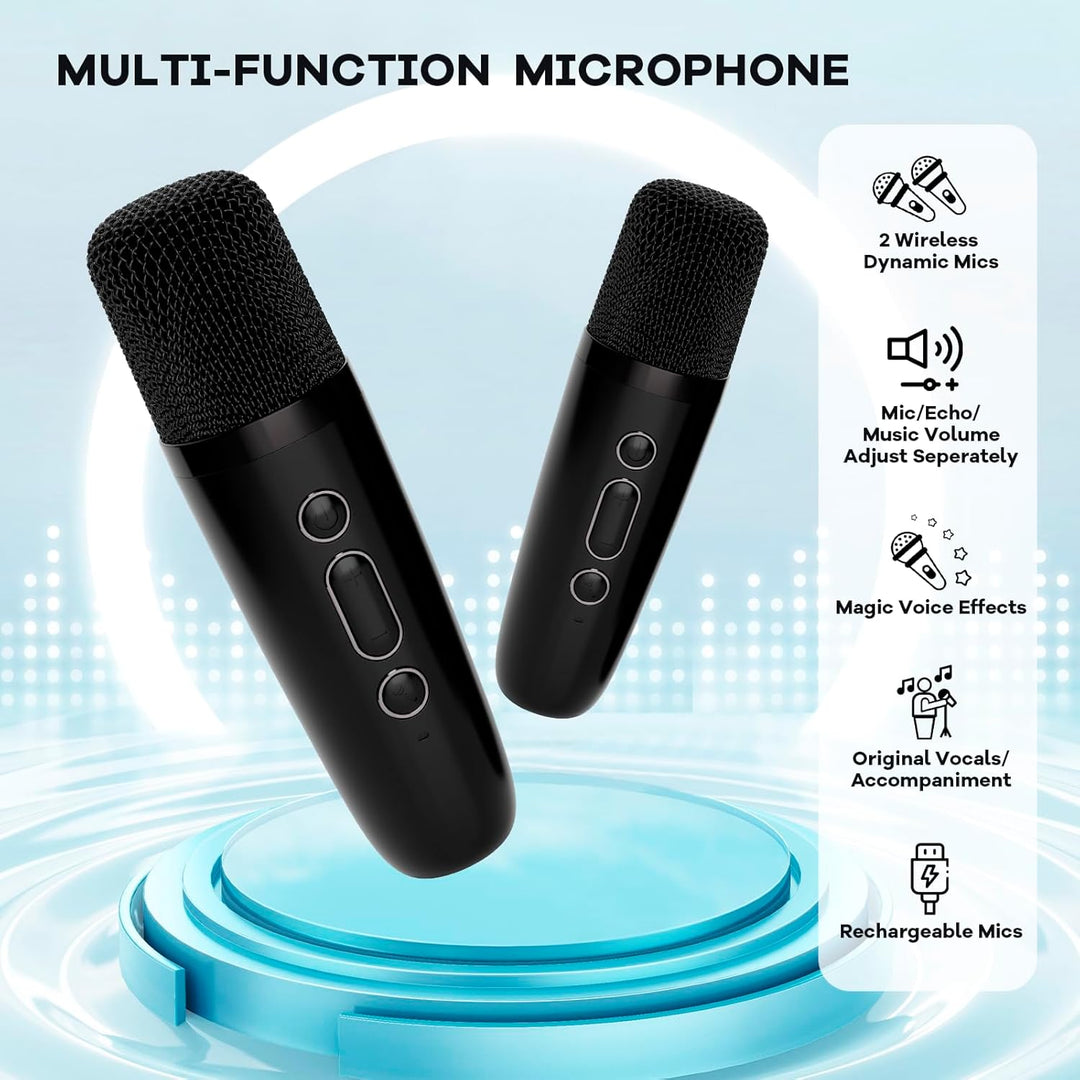 Máquina de karaoke mini portátil con altavoz Bluetooth y 2 micrófonos inalámbricos – Veylo