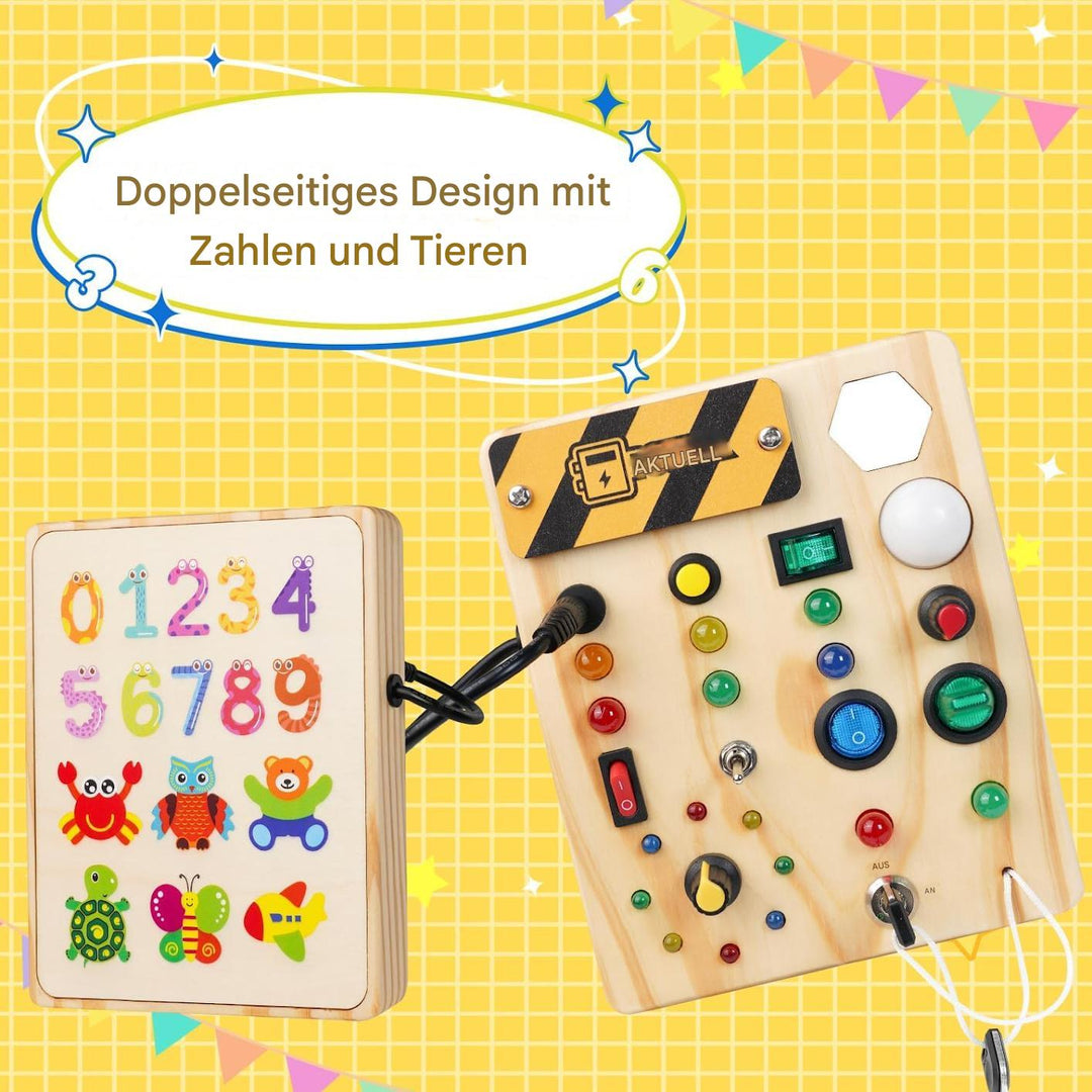 Doppelseitiges Holzspielzeug mit Zahlen, Tieren und Lichtern für Kinder, Lernspielzeug.